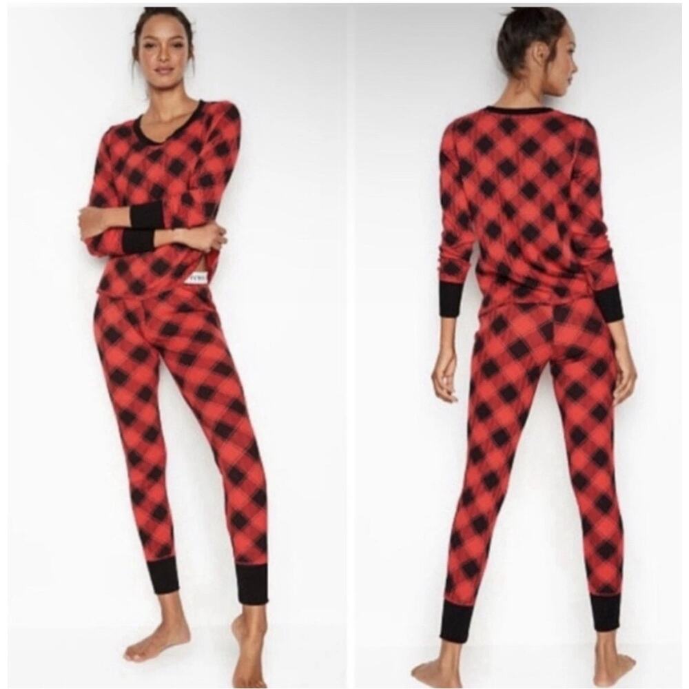Victoria’s Secret Red Black Plaid Pajama Set XL Long Sleeve Top & Pants - Picture 3 of 15